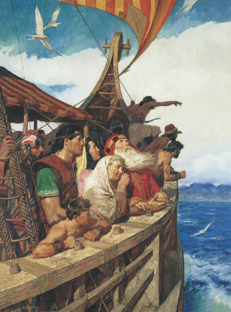 A Mormon könyve-beli Lehi és családja a megígért földre hajózik