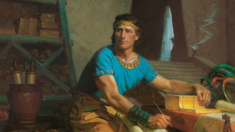 Mormon, a Mormon könyve fő szerzője aranylemezekre ír egy barlangban